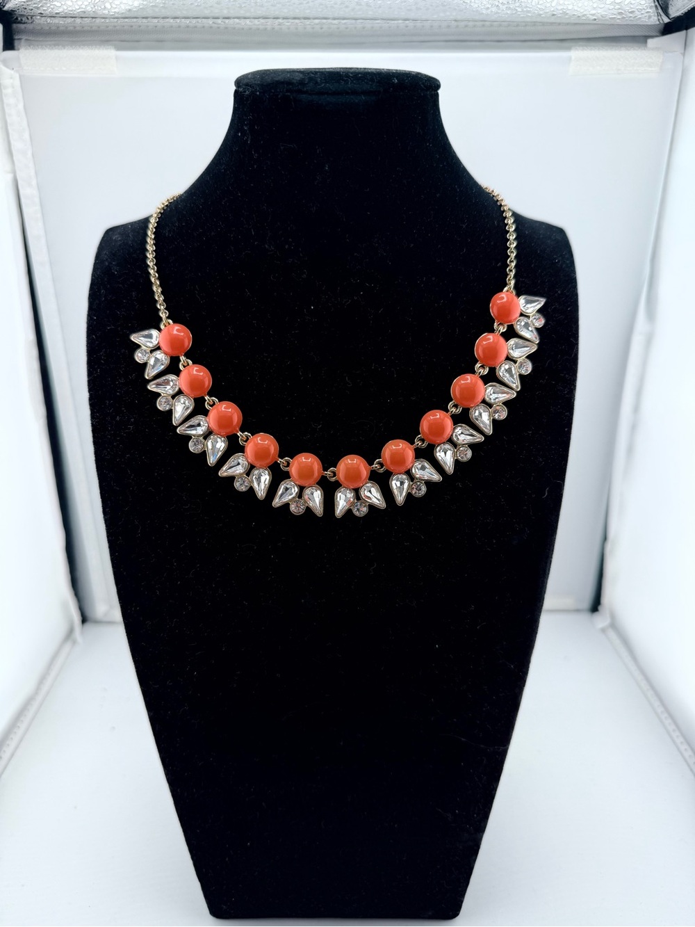J. Crew Gold Chain Statement Necklace with Coral Red Beads